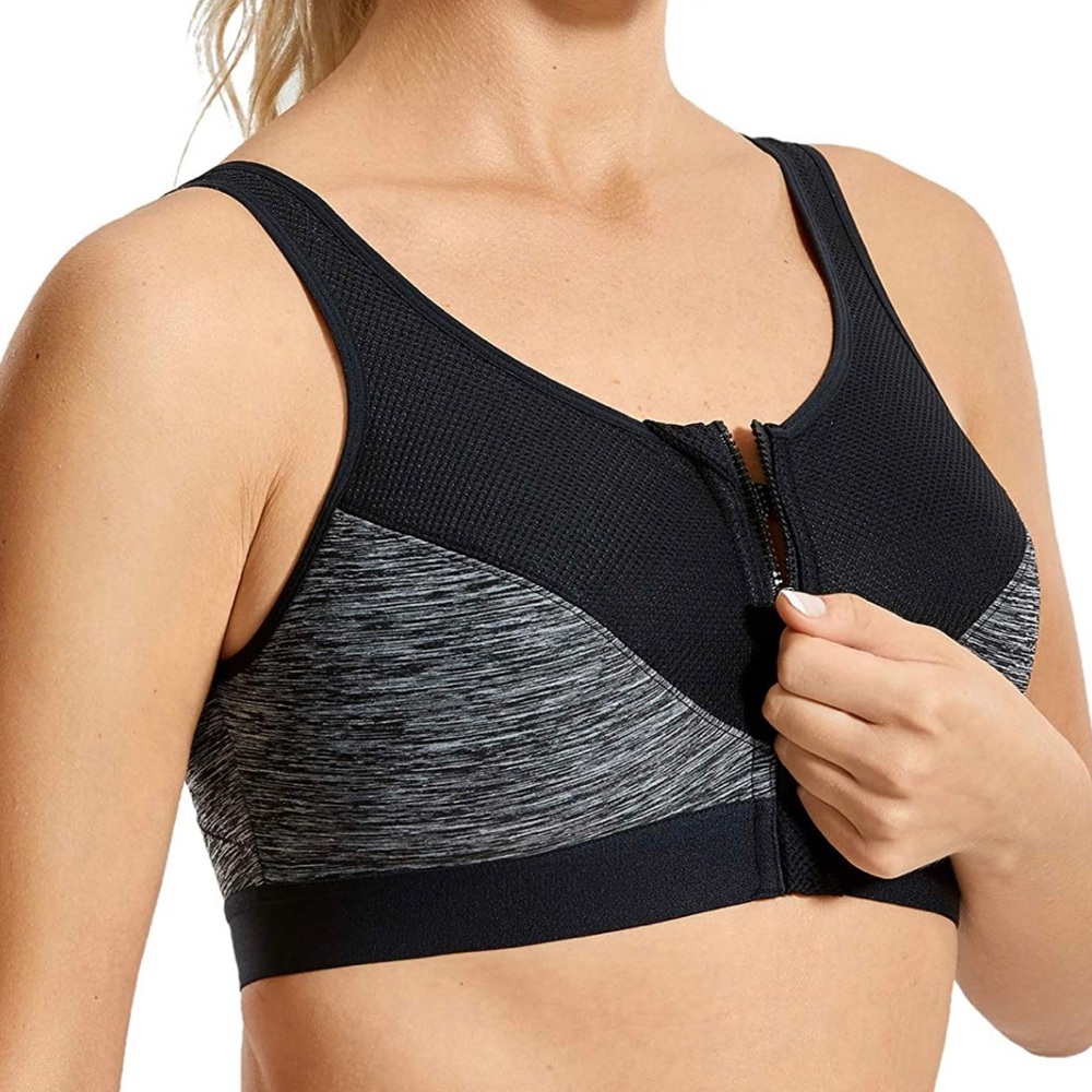 34 D - High Impact Wireless Cross Back Support Front Zip Sports Bra